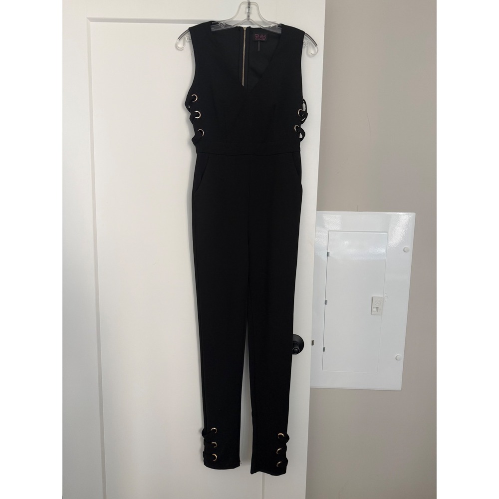 Hot Miami Styles Black V-Neck Jumpsuit Gold Grommet Side Detail Sleeveless Women